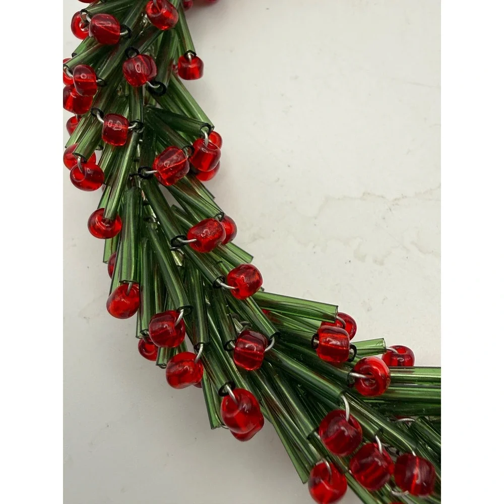 Green and Red Beaded Wreath Christmas Ornament Glass Bugle Beads Holiday Decor